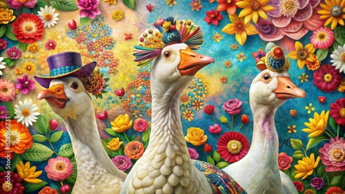 Whimsical vibrant illustration featuring adorable goofy geese engaging in humorous antics amidst colorful floral backdrops and trendy accessories.