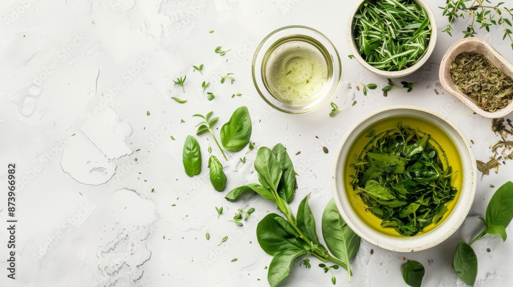 Fresh Herbs and Green Leaves on White Background Fresh Herbs and Green Leaves on White Background