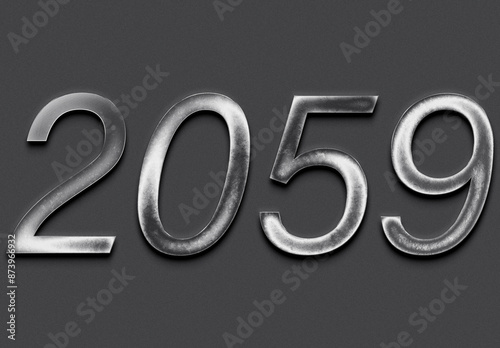 Chrome metal 3D number design of 2059 on grey background.