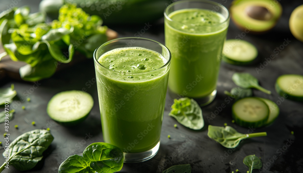 Glass filled with vibrant and fresh green juice for a healthy lifestyle. Piece of spinach and cucumber. Glass filled with vibrant and fresh green juice for a healthy lifestyle. Piece of spinach and cucumber.
