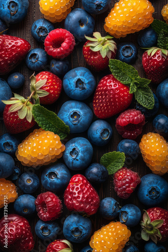 Close-up overhead shot of a rustic wooden table covered with an assortment of vibrant berries in different colors, © OBSIMAGES AI 