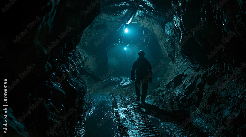 Fototapeta premium A lone miner walks through a dimly lit underground tunnel, surrounded by wet rock walls and industrial lighting