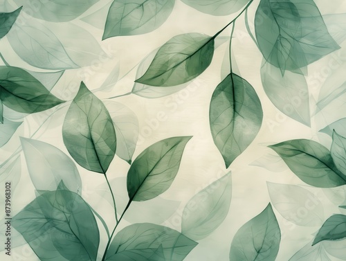 Wallpaper Mural Delicate green leaves painted in watercolor, arranged in an elegant pattern, highlighting their veins and natural textures Torontodigital.ca
