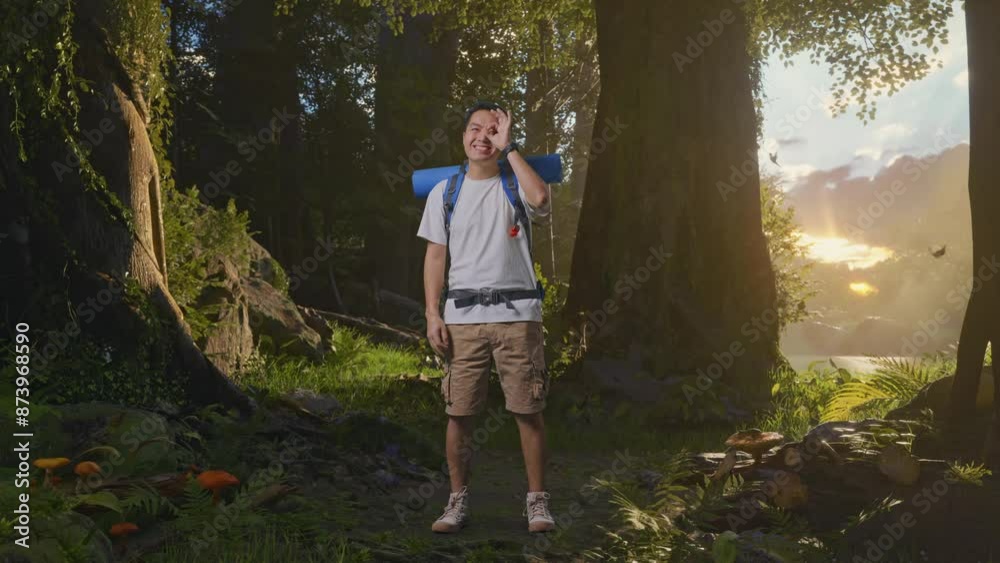 Full Body Of Asian Male Hiker With Mountaineering Backpack Smiling And Showing Ok Sign With Fingers Over Eyes While Exploring Forest Nature Full Body Of Asian Male Hiker With Mountaineering Backpack Smiling And Showing Ok Sign With Fingers Over Eyes While Exploring Forest Nature