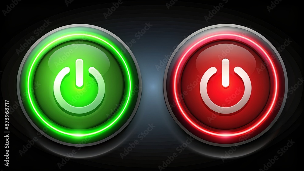 Colorful green and red power button icons indicating turn on and shut down actions in a modern vector illustration style. Colorful green and red power button icons indicating turn on and shut down actions in a modern vector illustration style.