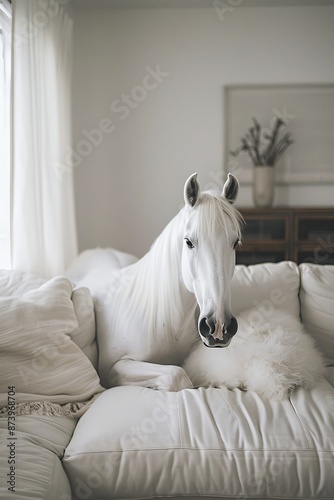 Beautiful white horse portrait on a white sofa in the room. photo