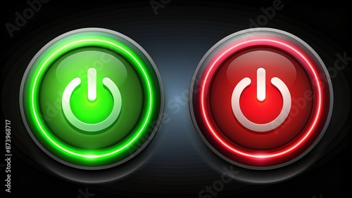 Colorful green and red power button icons indicating turn on and shut down actions in a modern vector illustration style.