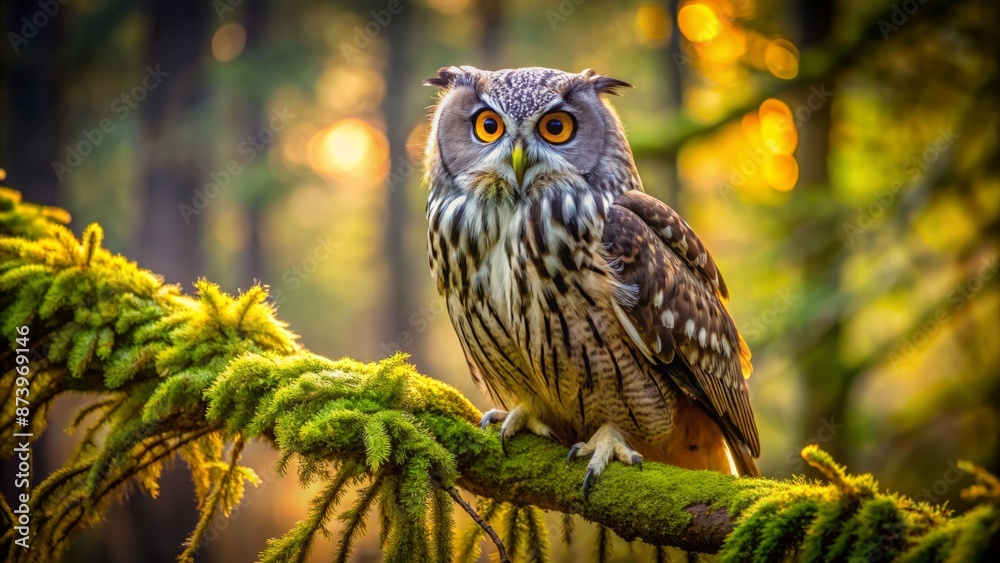 Isolated majestic owl perched on mossy tree branch facing forward with wise piercing yellow eyes and soft feathered plumage.