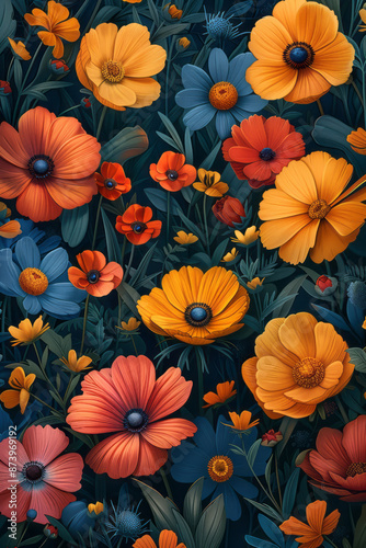 Close-up of a vector field of flowers, with soft shapes and colors creating a minimalist cartoon landscape,