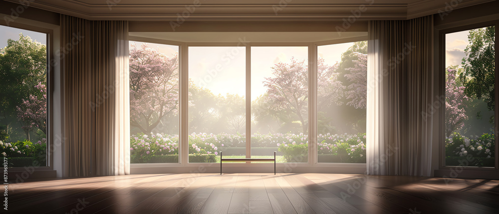 Obraz premium A large bay window with sunlight streaming through, overlooking a serene garden with blooming flowers, Bright, High detail, Peaceful and inviting view