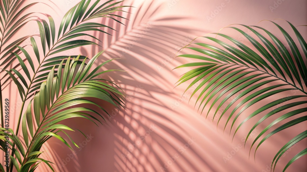 Soft focus palm leaf shadows dance across a warm light pink wall, evoking a serene spring and summer ambiance for product display. Soft focus palm leaf shadows dance across a warm light pink wall, evoking a serene spring and summer ambiance for product display.