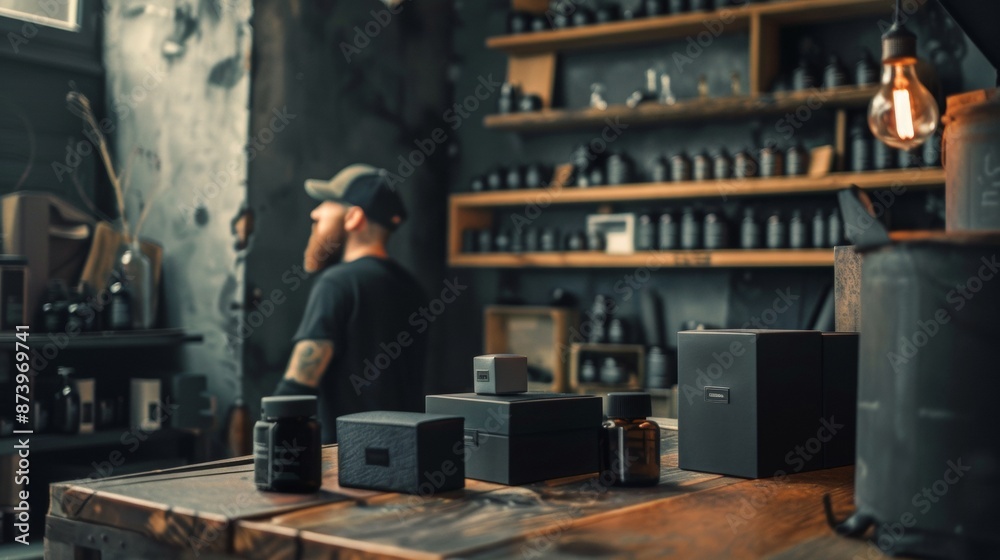Man in Artisan Workshop with Shelves Man in Artisan Workshop with Shelves