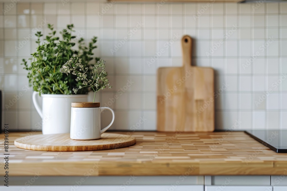 Modern kitchen interior with wooden countertop, white cup of coffee, flowers and cutting board. Modern kitchen interior with wooden countertop, white cup of coffee, flowers and cutting board.