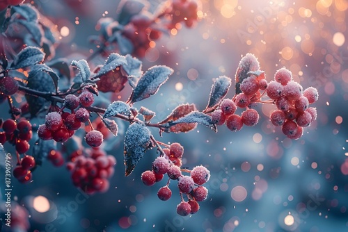 Seasonal wallpaper featuring bright red winter berries dusted with snowflakes.