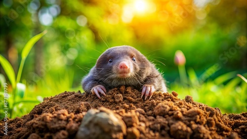 Adorable furry mole pokes its head out of a lush green mound in a serene, sun-drenched garden landscape setting.