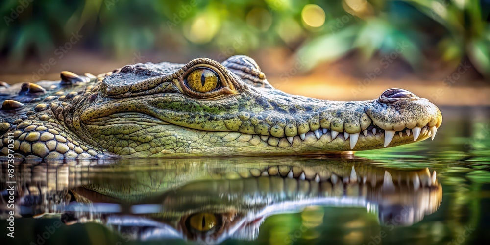 Obraz premium A close-up image of a crocodile lurking in the water, wildlife, predator, reptile, dangerous, water, scales, teeth, habitat
