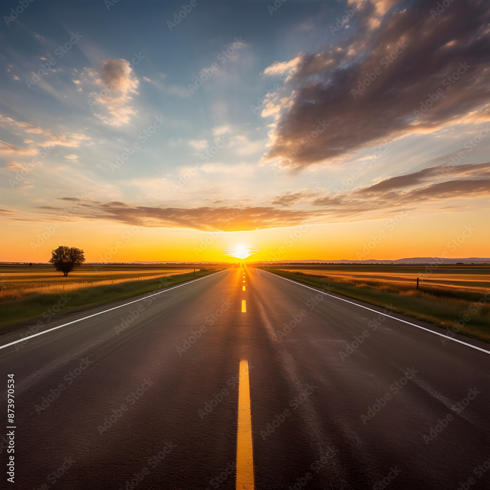 Sunset Over a Winding Road into the Distant Horizon