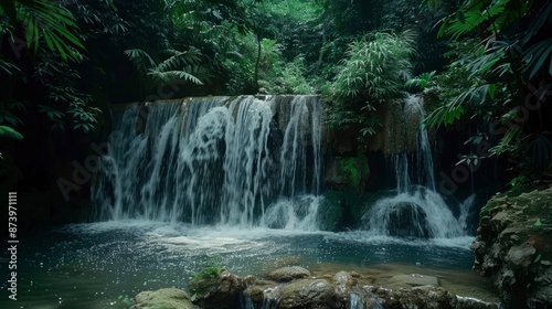Nature Waterfall In A Tropical Forest In Phatthalung, South Of Thailand, With Lush Green Surroundings