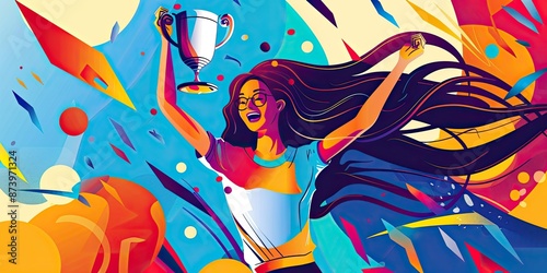 Joyful Woman Holding Trophy in Geometric Art