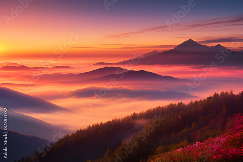 Golden Dawn Illuminates Misty Mountain Peaks.