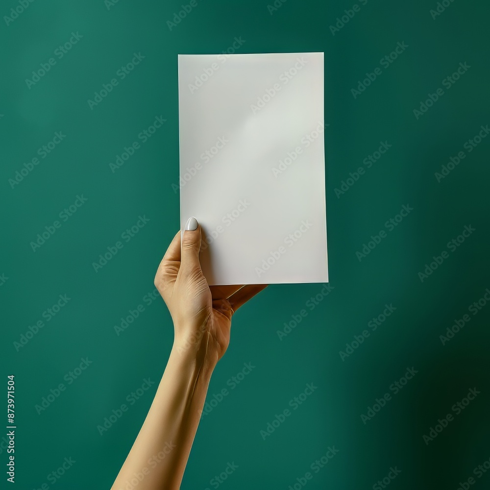 Hand holding a blank sheet of paper against a solid green background Hand holding a blank sheet of paper against a solid green background