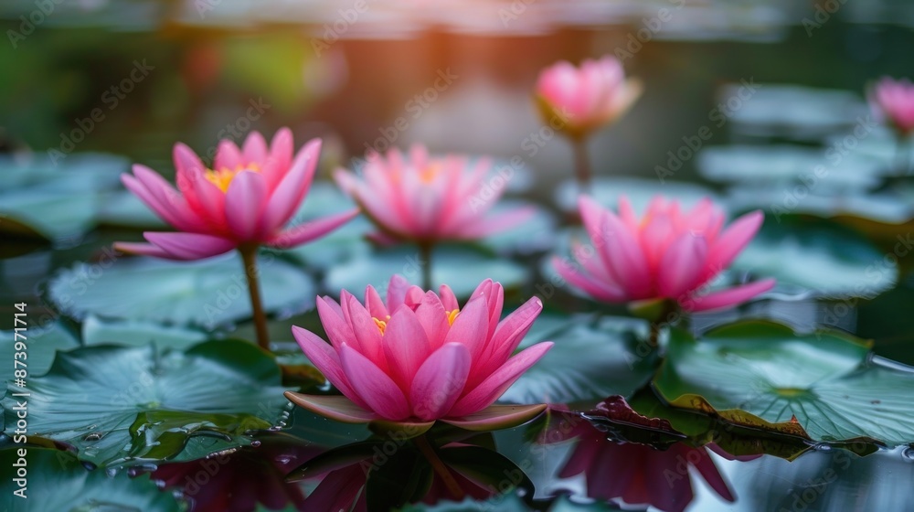 Pink Water Lilies in a Tranquil Pond Pink Water Lilies in a Tranquil Pond