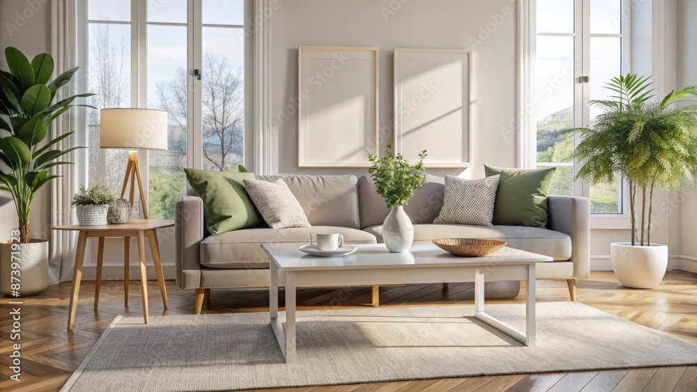 Elegant white frame mockup on a coffee table in a modern family room with sleek furniture and natural lighting ambiance. Elegant white frame mockup on a coffee table in a modern family room with sleek furniture and natural lighting ambiance.