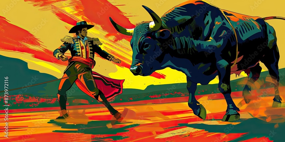 Colorful Pop Art Style Bullfighting Scene Colorful Pop Art Style Bullfighting Scene
