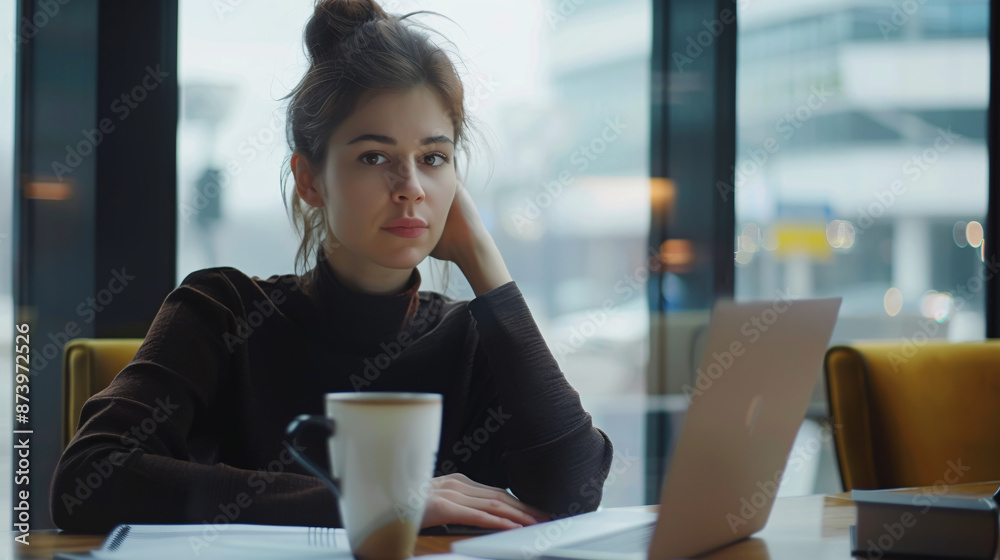 Productive businesswoman strategizes a marketing campaign with coffee in her office. Productive businesswoman strategizes a marketing campaign with coffee in her office.