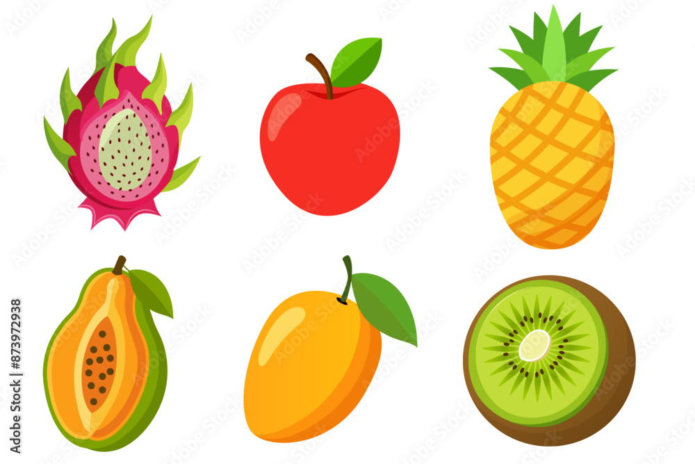 Set of fruits on a white background. Dragon fruit, apple, papaya, mango, pineapple, kiwi Set of fruits on a white background. Dragon fruit, apple, papaya, mango, pineapple, kiwi