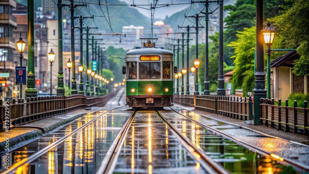 Obraz premium A lone tram glides smoothly on wet rails, raindrops glisten on its surface, amidst Nagasaki's tranquil morning scenery on May 12 2024.