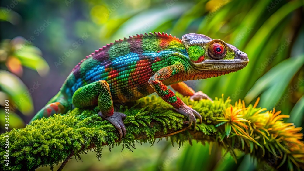 Vibrant solo chameleon perches on a moss-covered branch, its colorful scales blending seamlessly with lush green tropical foliage surroundings. Vibrant solo chameleon perches on a moss-covered branch, its colorful scales blending seamlessly with lush green tropical foliage surroundings.