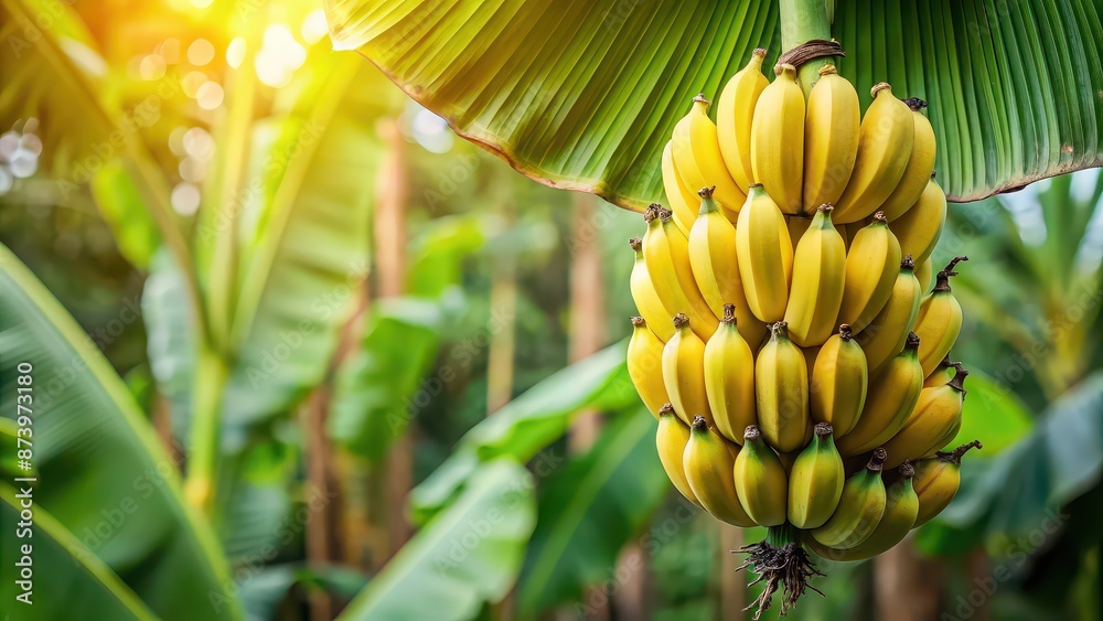 Naklejka premium Banana bunch hanging on banana palm tree , tropical, fruit, plantation, organic, agricultural, fresh, green, natural, ripe