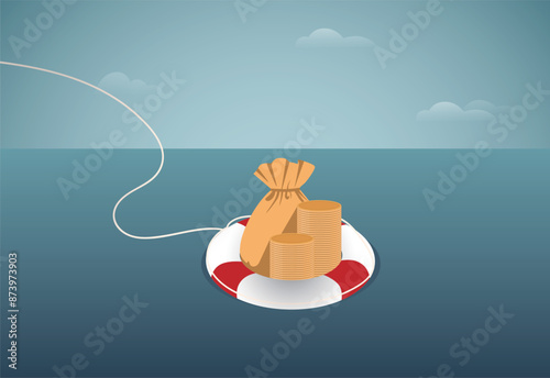 Gold coins and money bag in a lifebuoy. The concept of salvation financial savings