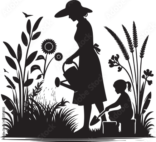 gardener works on garden. Symbol of girl, family, black color silhouette