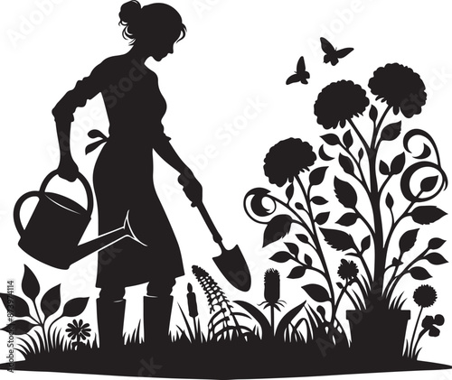 gardener works on garden. Symbol of girl, family, black color silhouette