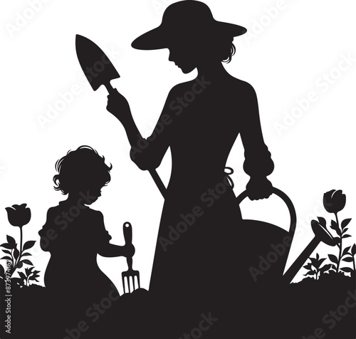 gardener works on garden. Symbol of girl, family, black color silhouette