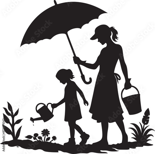 gardener works on garden. Symbol of girl, family, black color silhouette