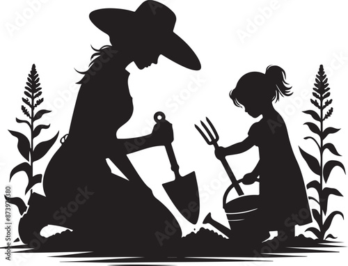 gardener works on garden. Symbol of girl, family, black color silhouette
