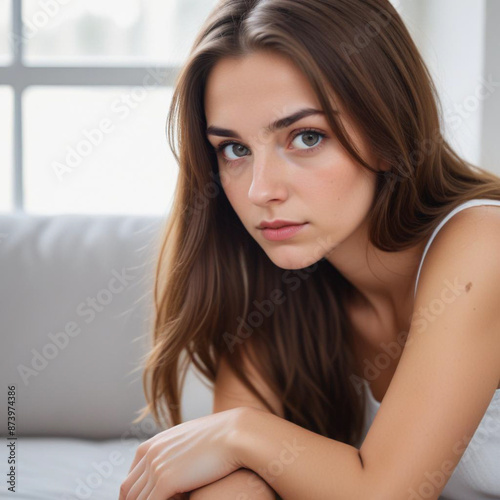 A young Caucasian woman with long, flowing dark hair 