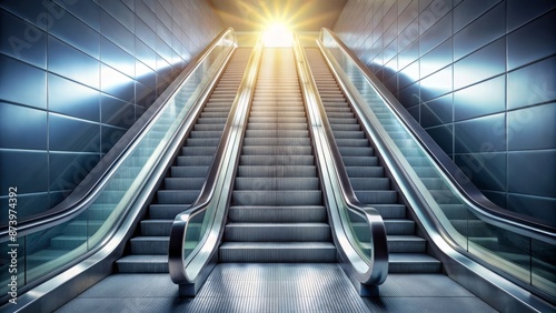 A sleek, modern, silver escalator rises upward, illuminating a bright, minimalist background with a subtle gradient effect, devoid of human presence.