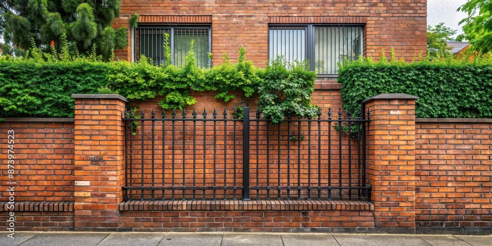 Brick wall surrounding a house with plants and metal fence visible from the street, property, house, brick wall Brick wall surrounding a house with plants and metal fence visible from the street, property, house, brick wall