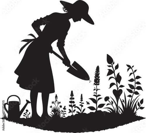gardener works on garden. Symbol of girl, family, black color silhouette