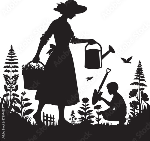 gardener works on garden. Symbol of girl, family, black color silhouette