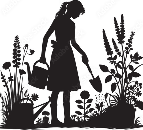 gardener works on garden. Symbol of girl, family, black color silhouette