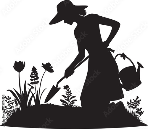 gardener works on garden. Symbol of girl, family, black color silhouette
