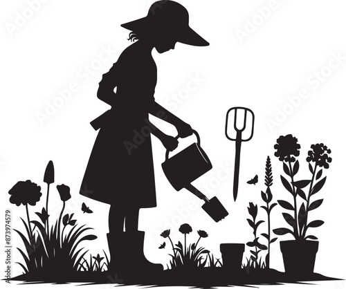 gardener works on garden. Symbol of girl, family, black color silhouette