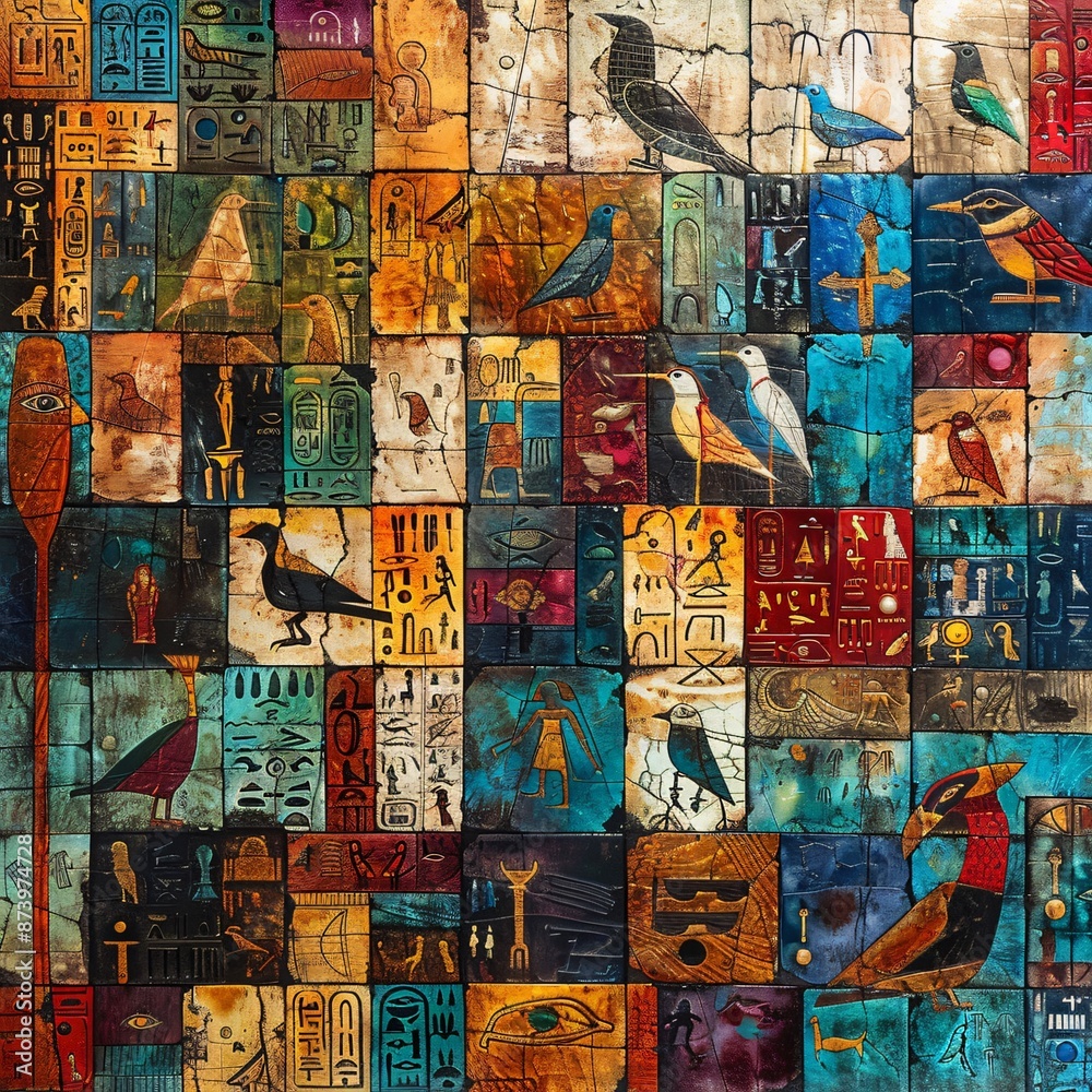 Obraz premium Vibrant Tapestry of Egyptian Hieroglyphs, Ancient Wisdom and Stories