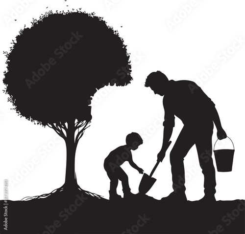 Man and kid planting tree silhouette, vector black color silhouette