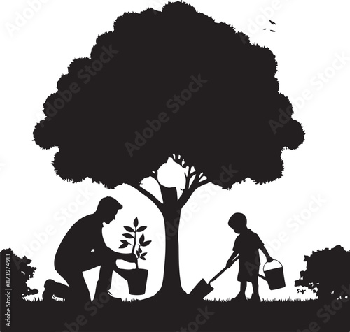 Man and kid planting tree silhouette, vector black color silhouette